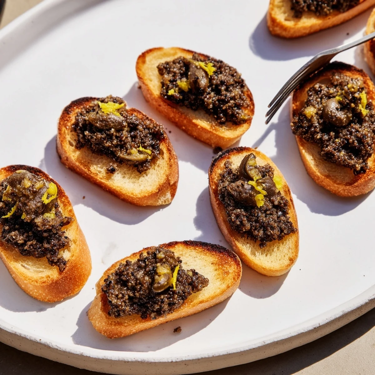 Close-up of savory black olive tapenade, a delicious dip served with crispy, toasted baguette crostini.