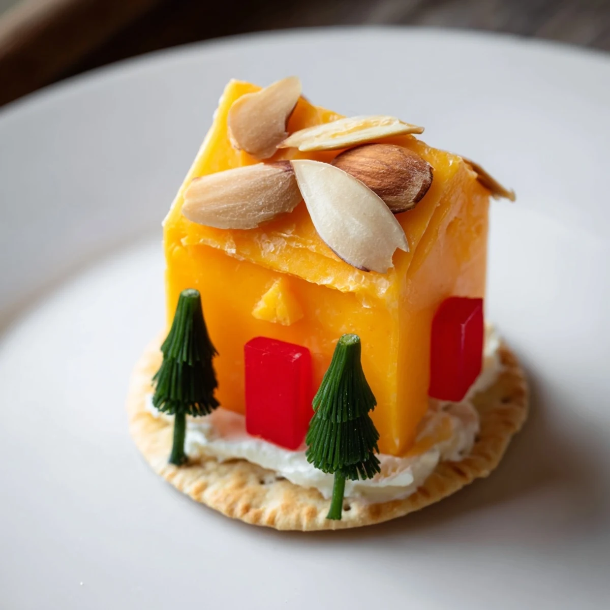 A festive close-up of an Alpine Village appetizer, featuring cheese cube houses and snowy crackers.