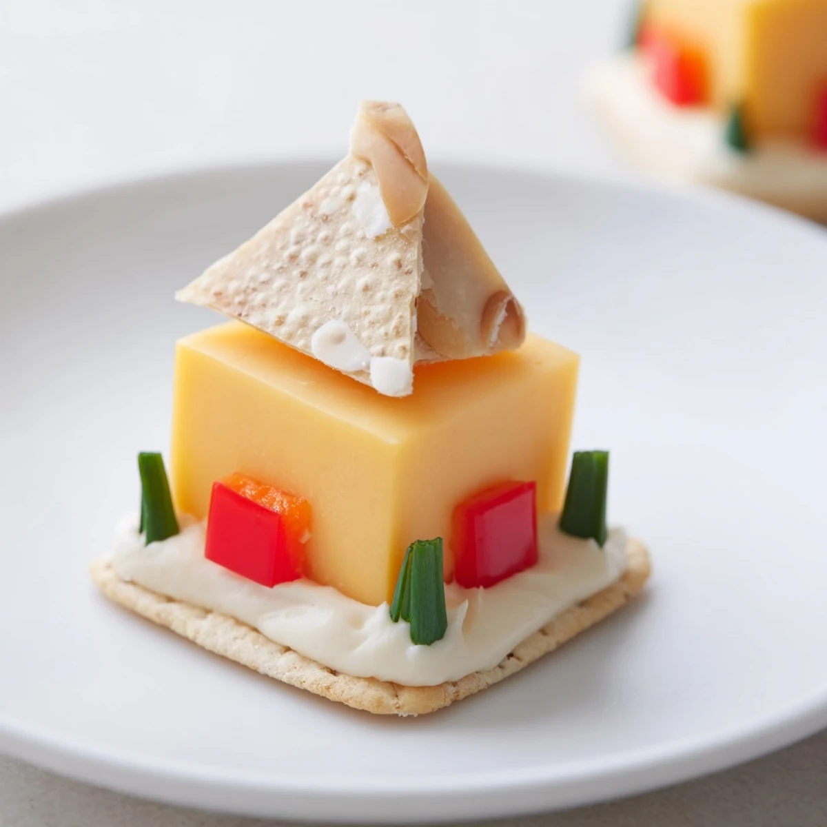 Whimsical Alpine Village appetizer, showcasing miniature cheese houses with almond roofs on a cracker snowscape.