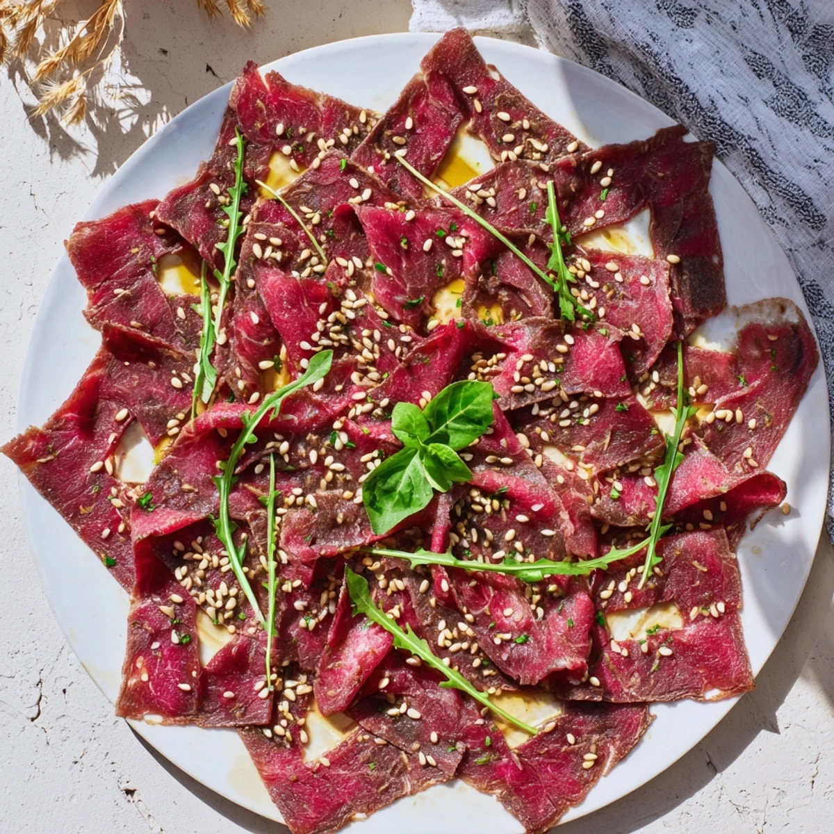 Savory Origami Fold Beef Appetizer, a gluten-free dish with fresh arugula and chives.