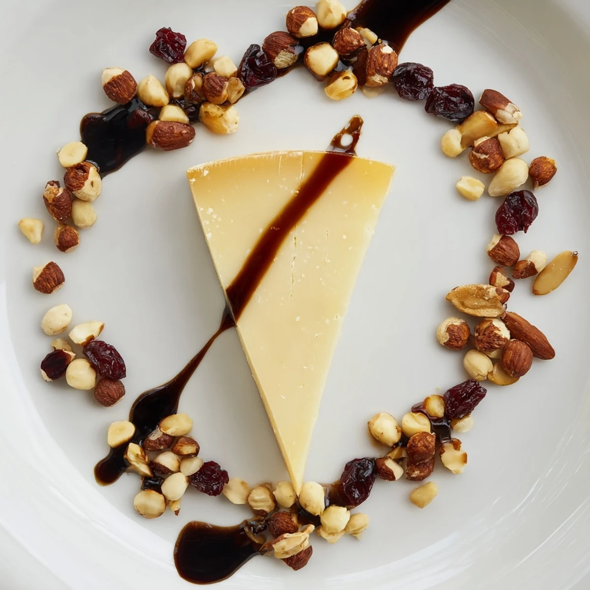 A visually elaborate "Sundial" cheese platter with balsamic shadow and nut hour markers.