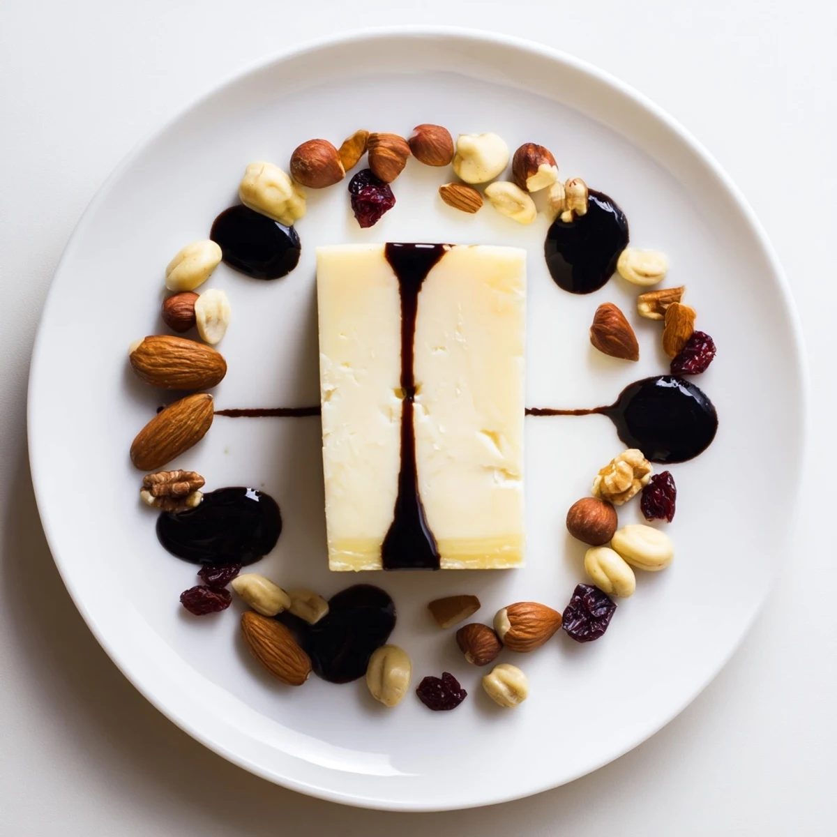 This beautiful "Sundial" appetizer features the cheese sundial with a balsamic drizzle and nut clusters.