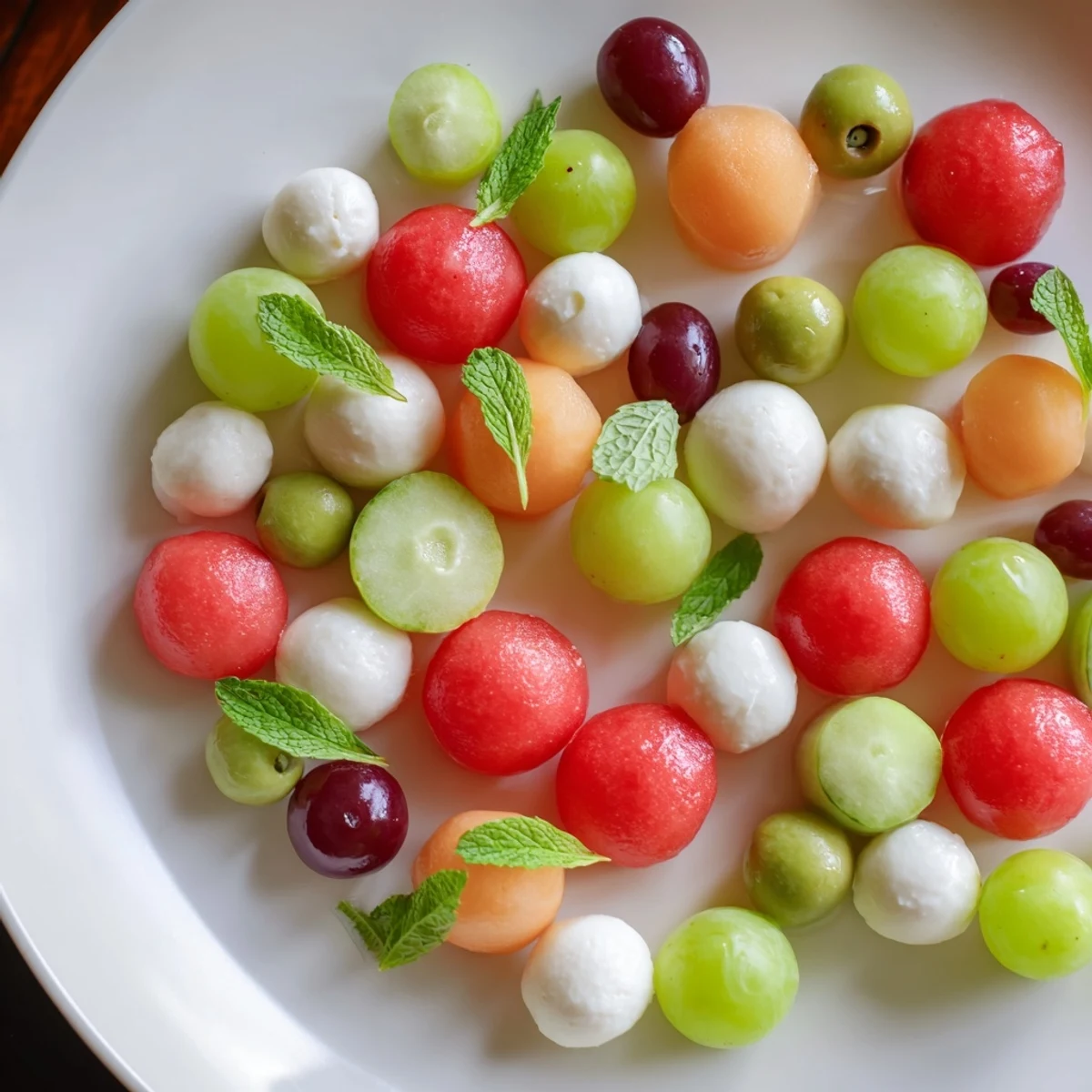 Delicious polka dot platter appetizer: a colorful, visually appealing arrangement of spherical fruits and cheeses.