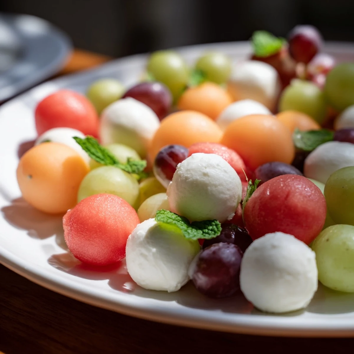 Freshly arranged polka dot platter featuring juicy melon balls, grapes, and creamy cheeses; perfect for entertaining.