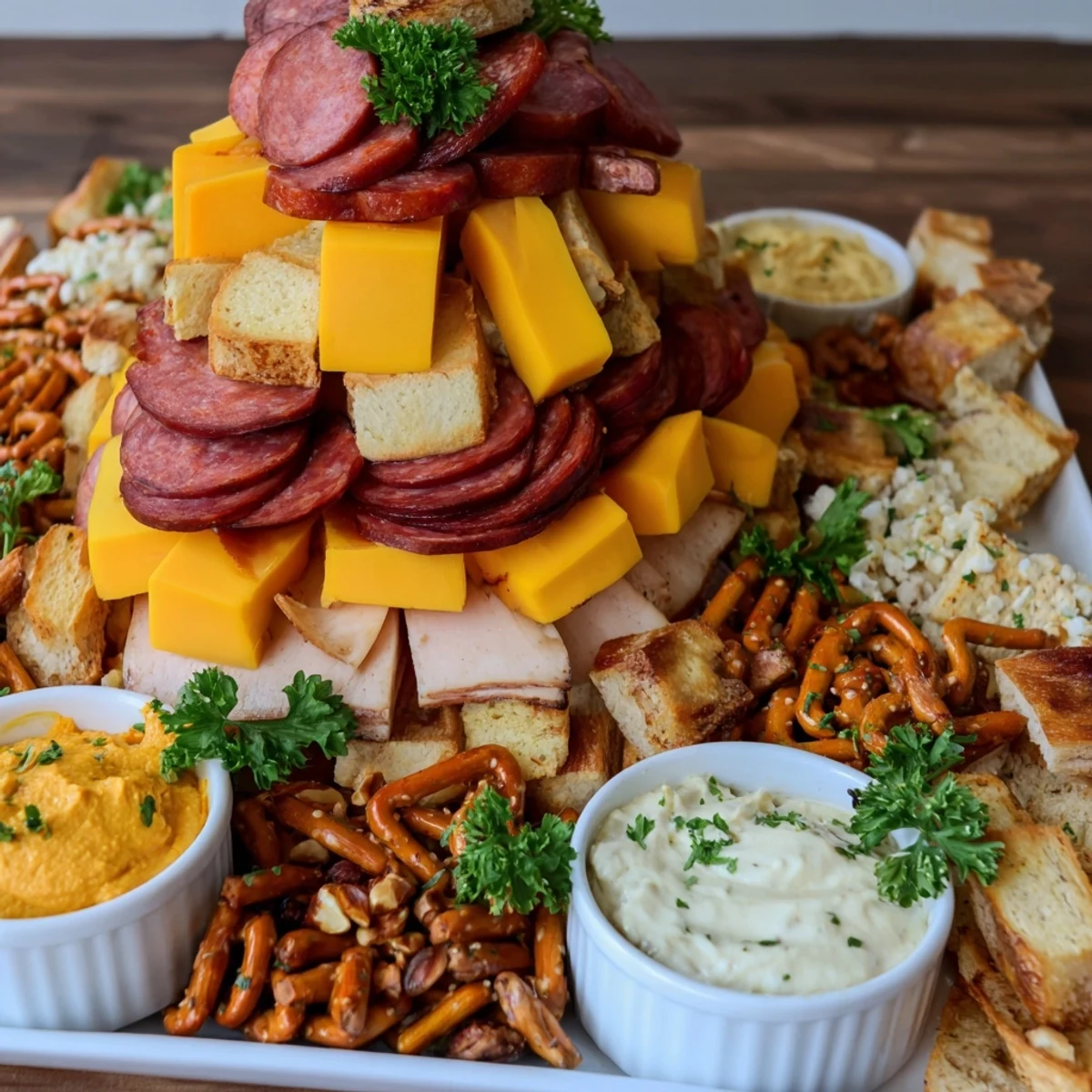 Tailgate Party Power Stack overflowing with meats, cheeses, crackers, and colorful, fresh veggies, ready to serve.