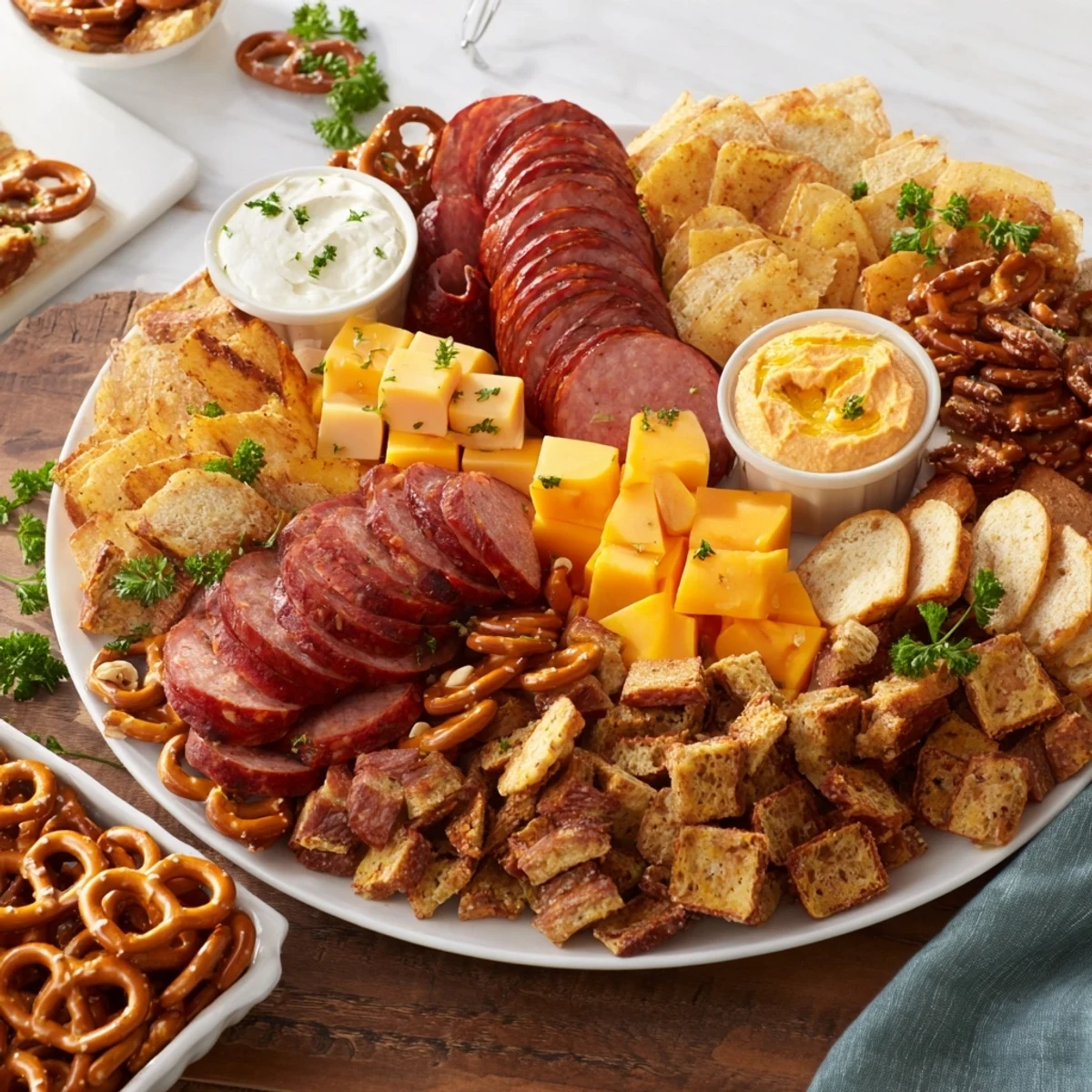 A hearty Tailgate Party Power Stack features layered meats, cheeses, and dippable treats for easy, delicious snacking.