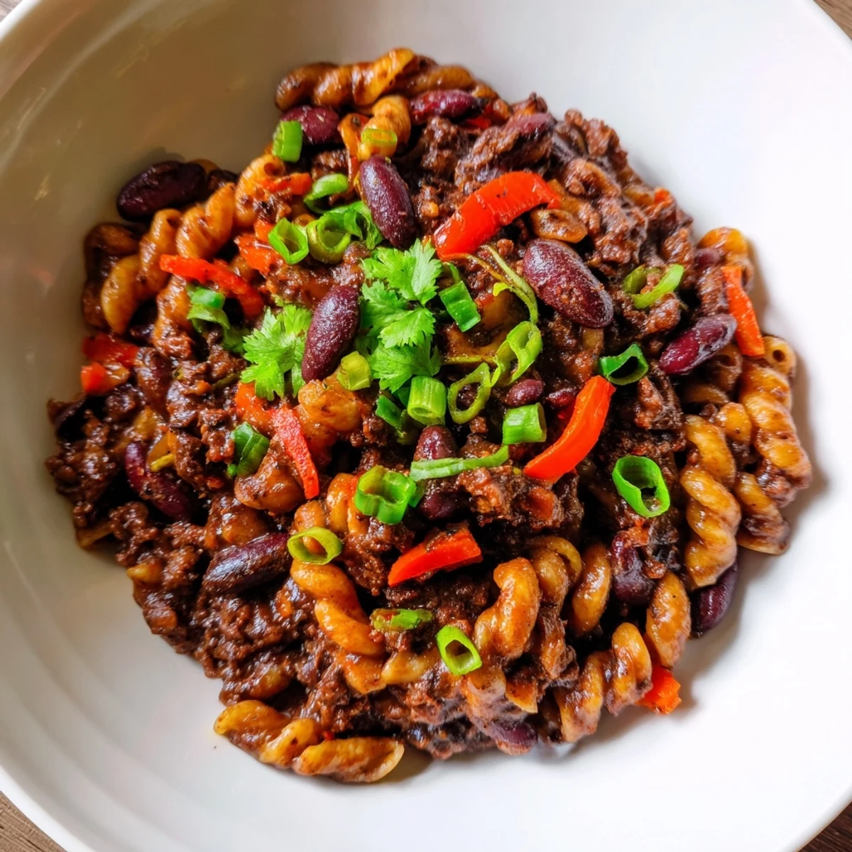 This flavorful one-pot ditalini with hot cocoa chili combines Italian pasta with Southwestern chili, ready to serve.