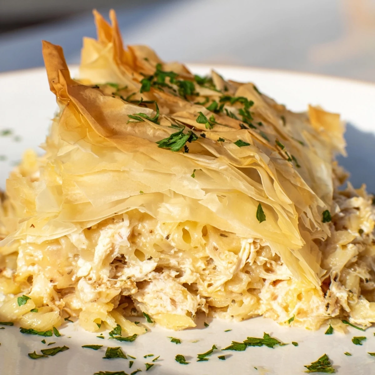 Crispy golden layers of phyllo embrace the flavorful filling of this Chicken and Pasta Crinkle Cake.