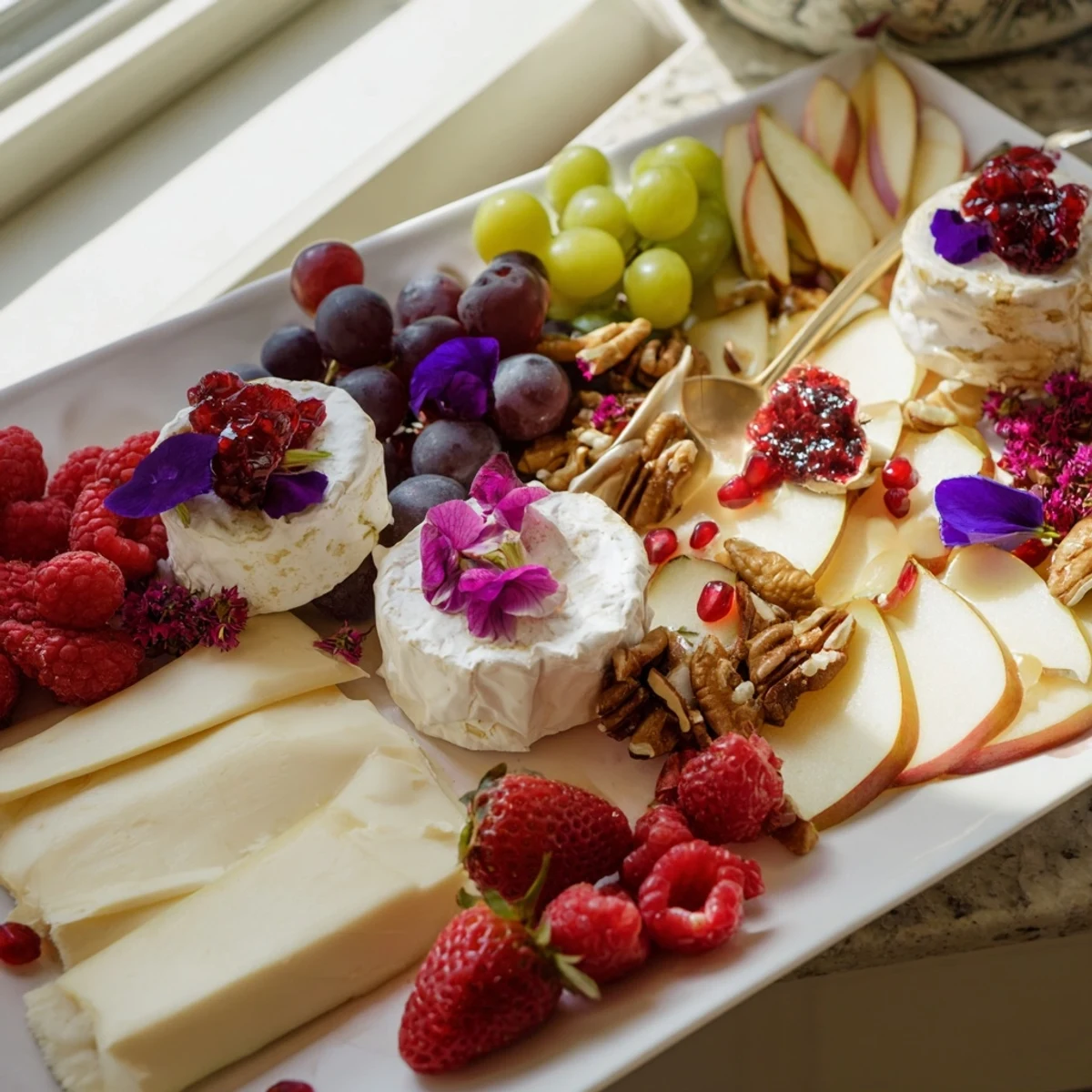 Showcasing a Rose Garden Romantic Platter: Brie, berries, and floral garnishes offer a delightful picnic.