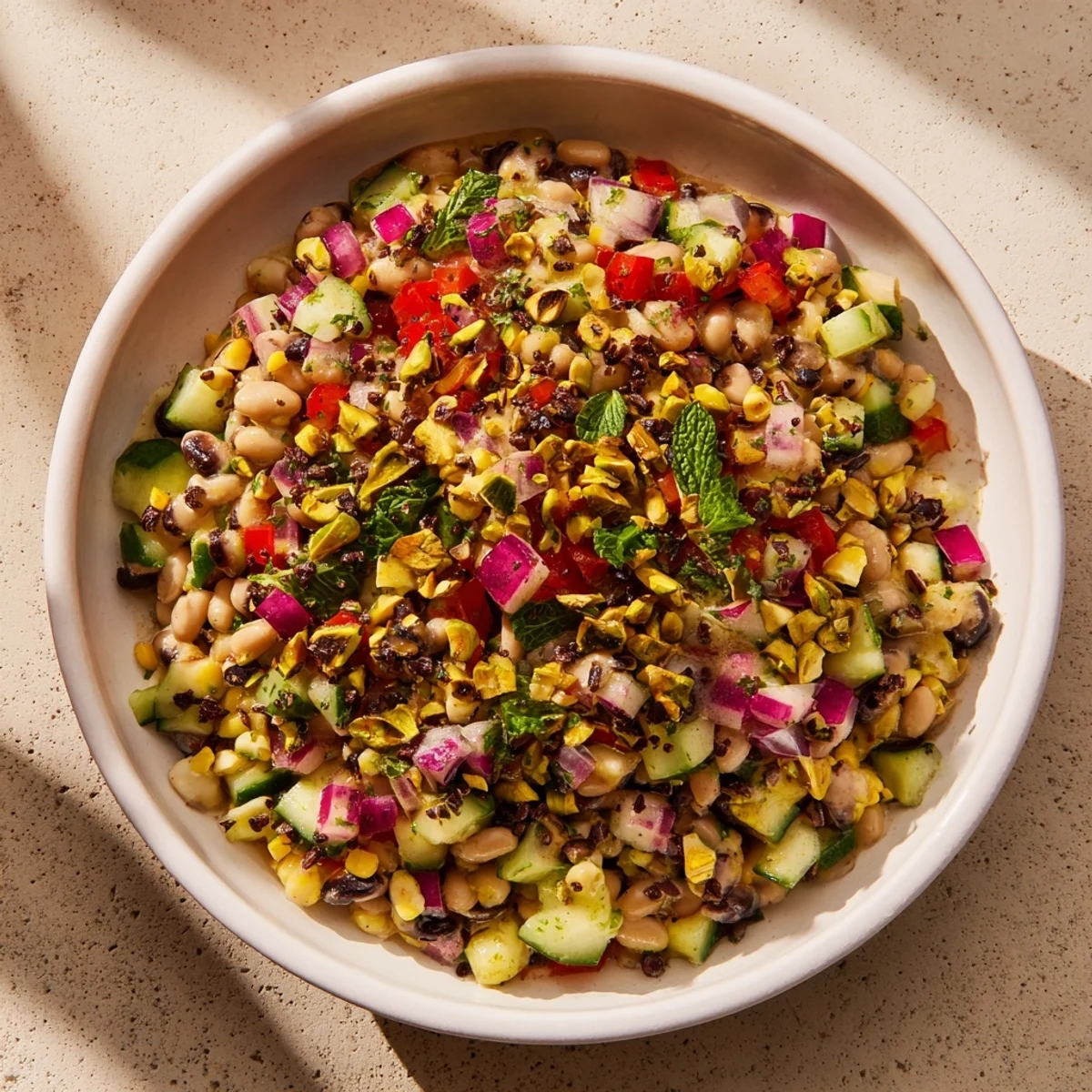A chilled serving of the flavorful Dense Bean Salad with Dubai chocolate—a delightful vegetarian option.