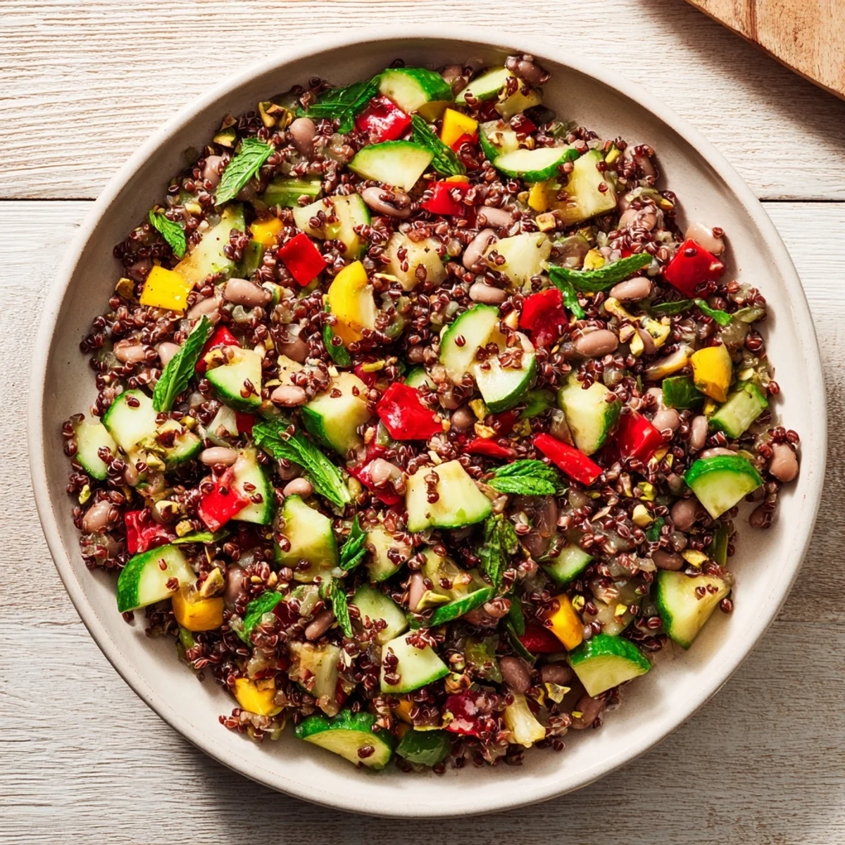 This luscious Dense Bean Salad features a medley of beans, herbs, and a cocoa powder sprinkle.