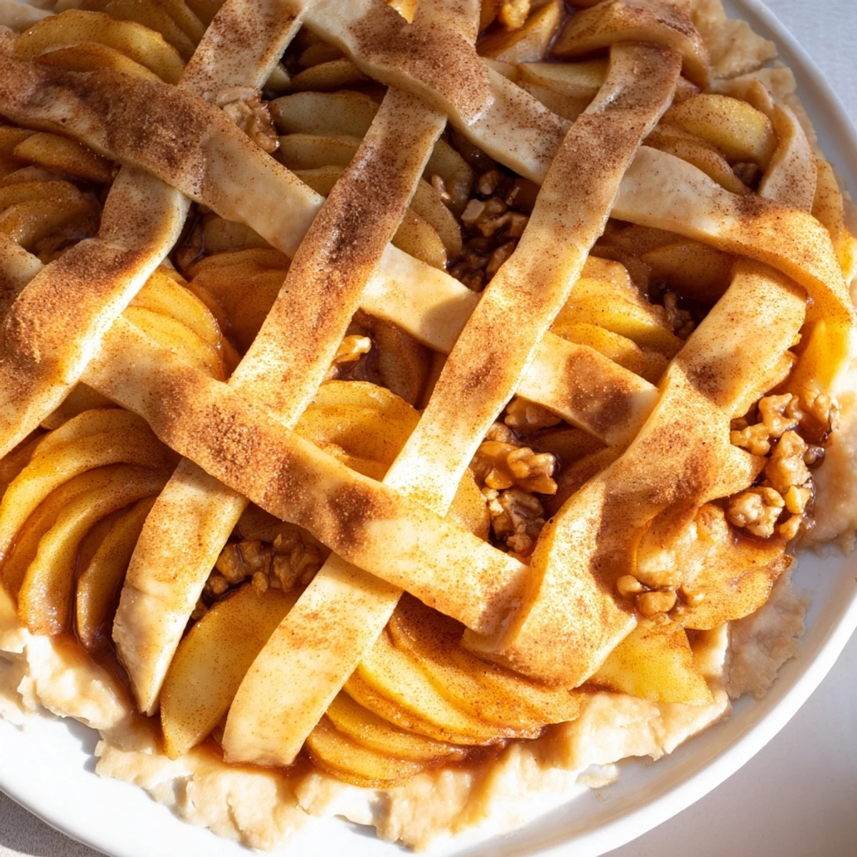 Golden Lattice Orchard pie, a beautiful close-up showing woven apple slices, ready to delight.