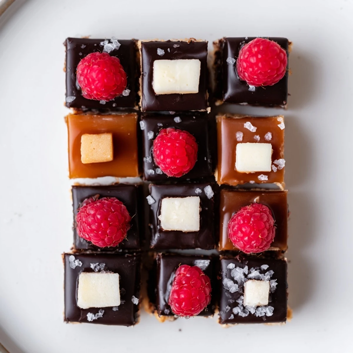 The Checkerboard Terrace, a visually appealing dessert with squares of chocolate, caramel, and cream.