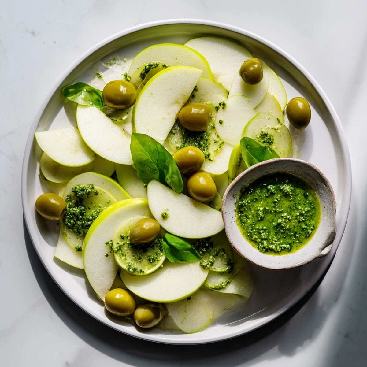 A colorful The Emerald City snack board: bright green apples, olives, and pesto awaiting enjoyment.
