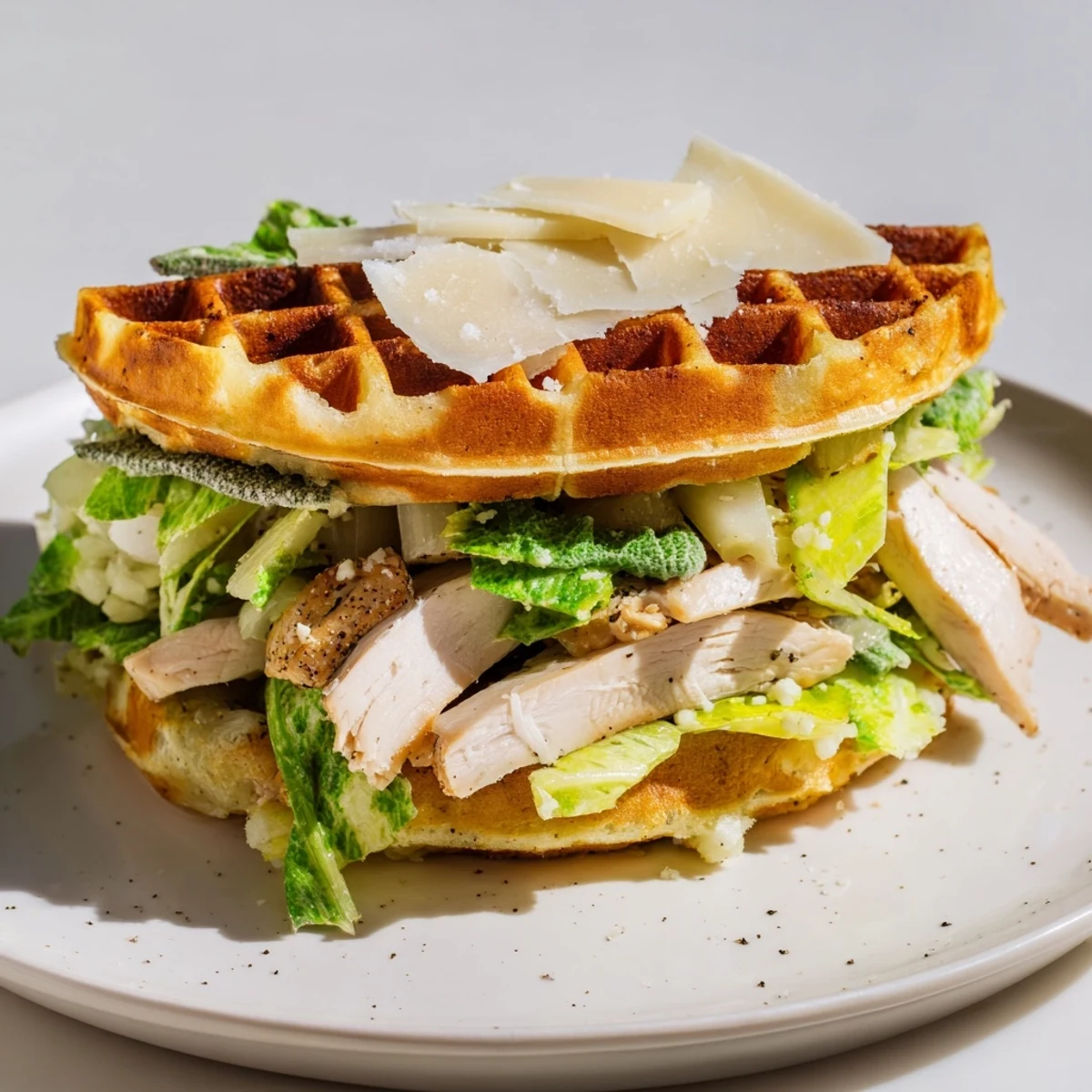 Golden brown Chicken Caesar Waffle Sandwich, a unique handheld meal with grilled chicken and fresh salad.