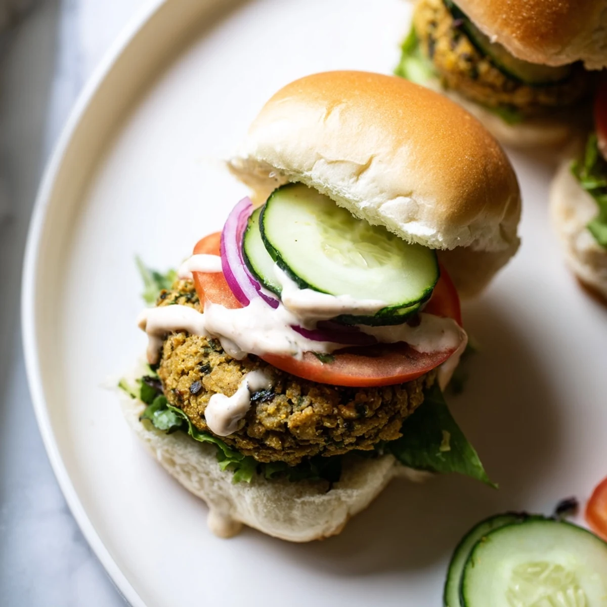 Freshly assembled Baked Falafel Sliders with vibrant vegetables oozing from the soft mini slider buns.