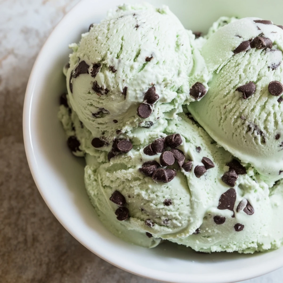 This creamy Mint Chocolate Chip Ice Cream features a swirl of cold, rich, dark chocolate chips.