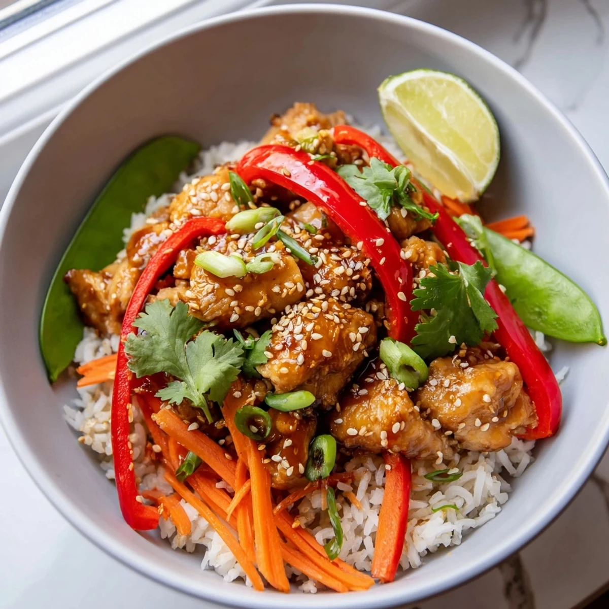 Savory Sesame Ginger Rice Bowl: tender chicken and vibrant veggies atop fluffy rice.