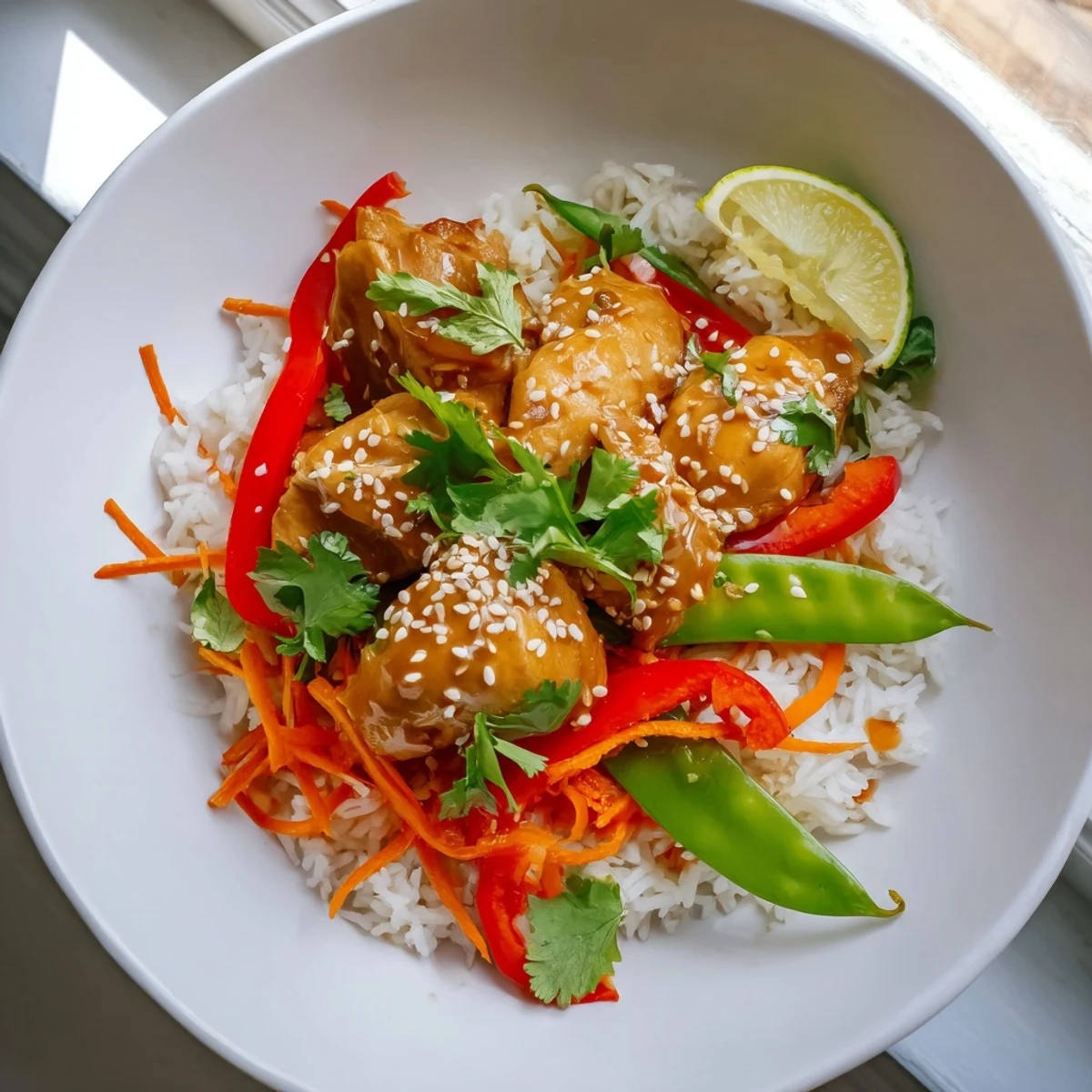 An Asian-inspired Sesame Ginger Rice Bowl, showcasing colorful stir-fried vegetables and glistening chicken.