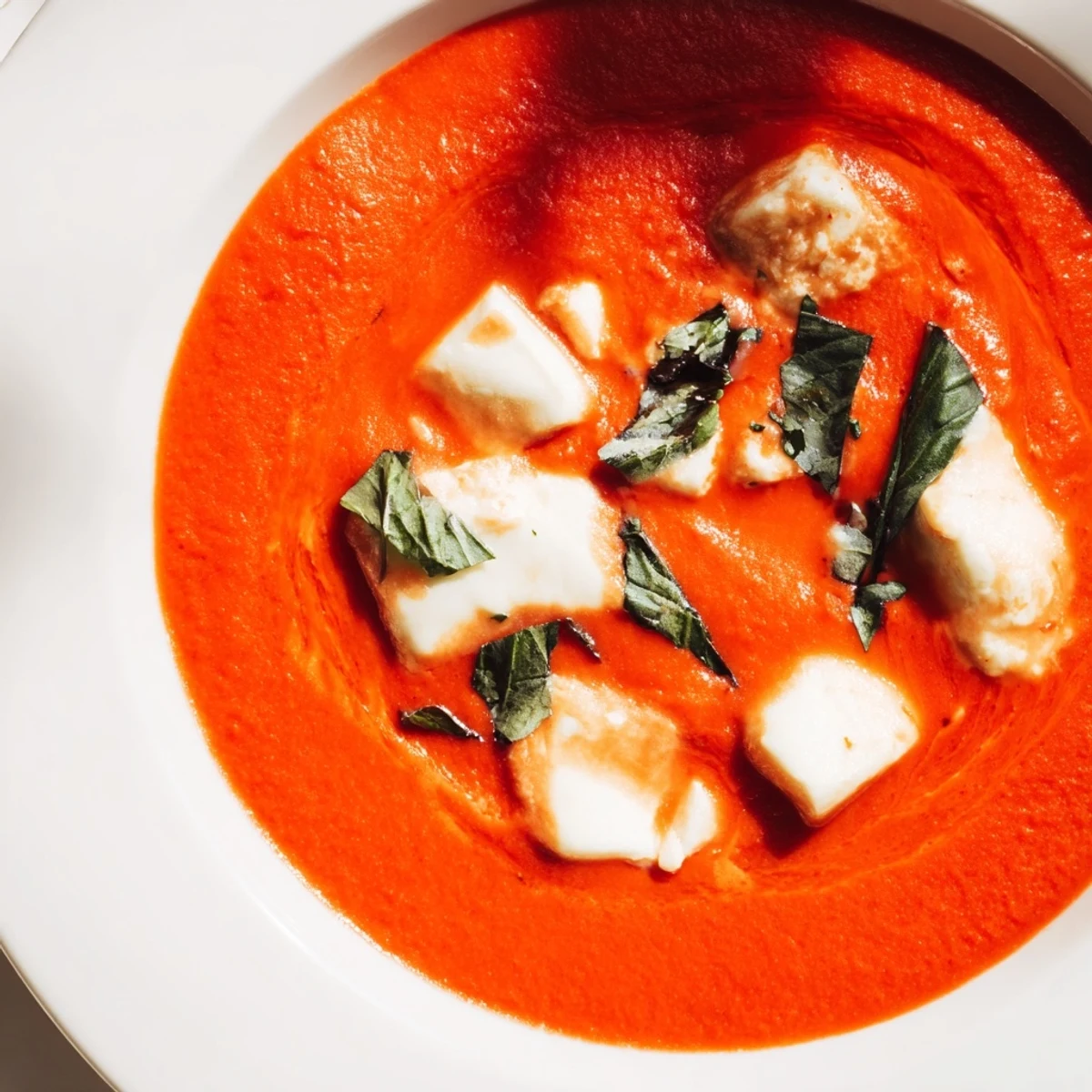 Creamy tomato mozzarella soup, hot and luscious, with melted mozzarella and fresh basil garnish.