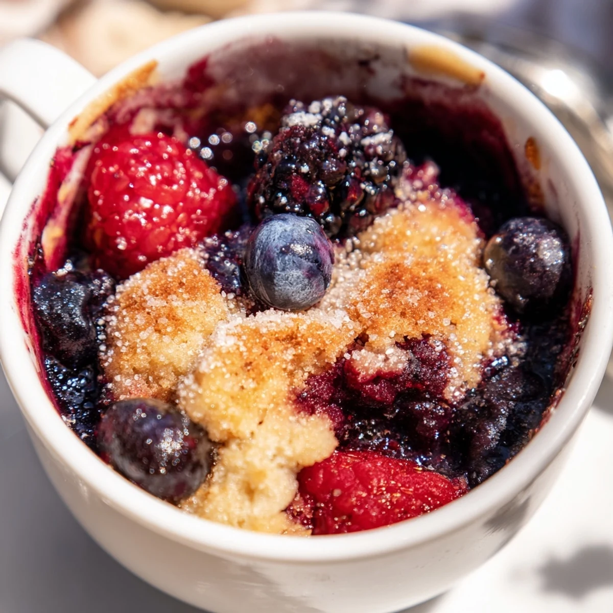 Homemade Mixed Berry Cobbler Mug Cake, perfect single serving quick dessert, ready in minutes.