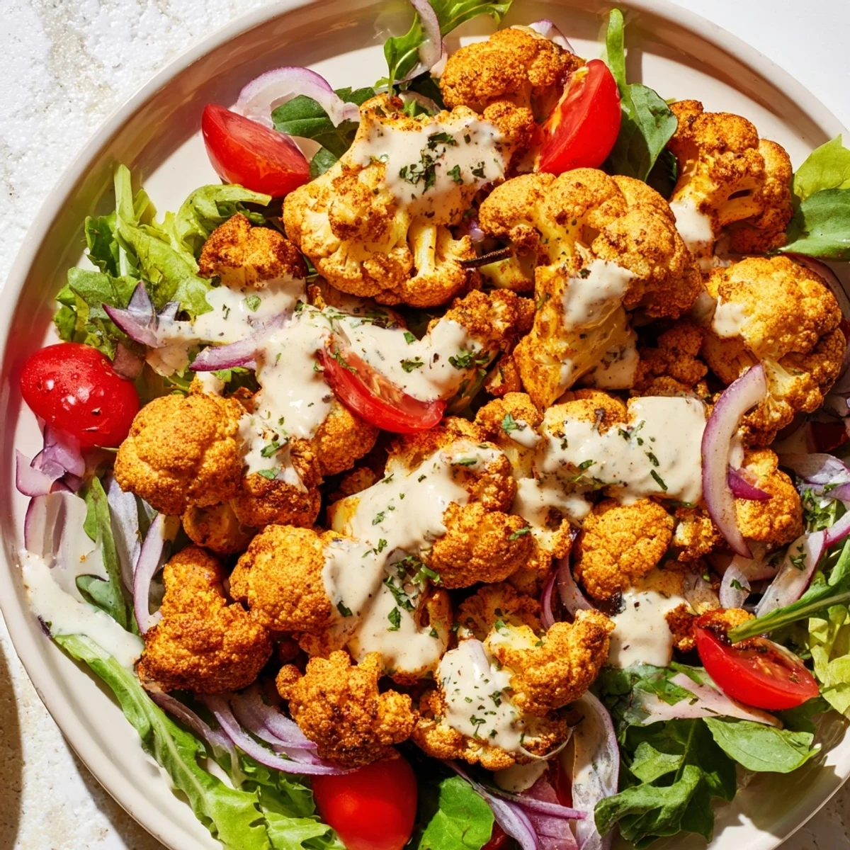 Golden, crispy cauliflower florets atop a vibrant Crispy Cauliflower Salad with creamy tahini dressing.