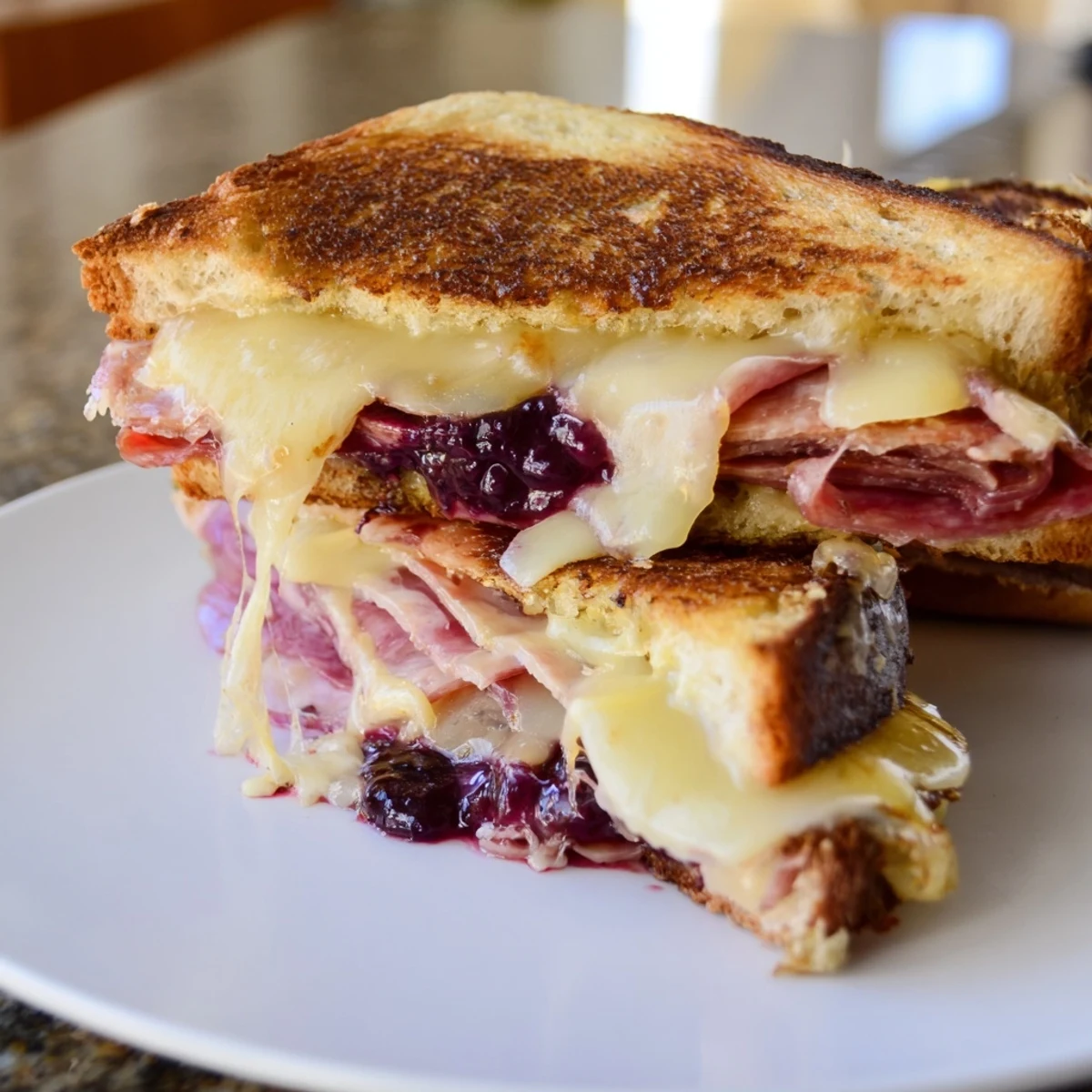 Golden-brown Charcuterie Grilled Cheese with melted cheese oozing between toasted bread slices.