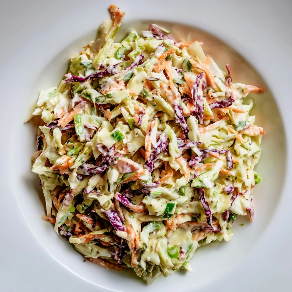 Quick Coleslaw Salad with creamy dressing, featuring vibrant shredded cabbage and carrots ready to serve.