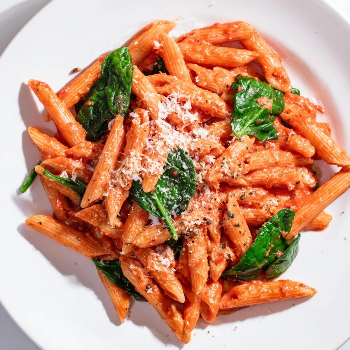 Quick Marinara Pasta with spinach, steaming hot, ready to be served, a comforting Italian-American classic.