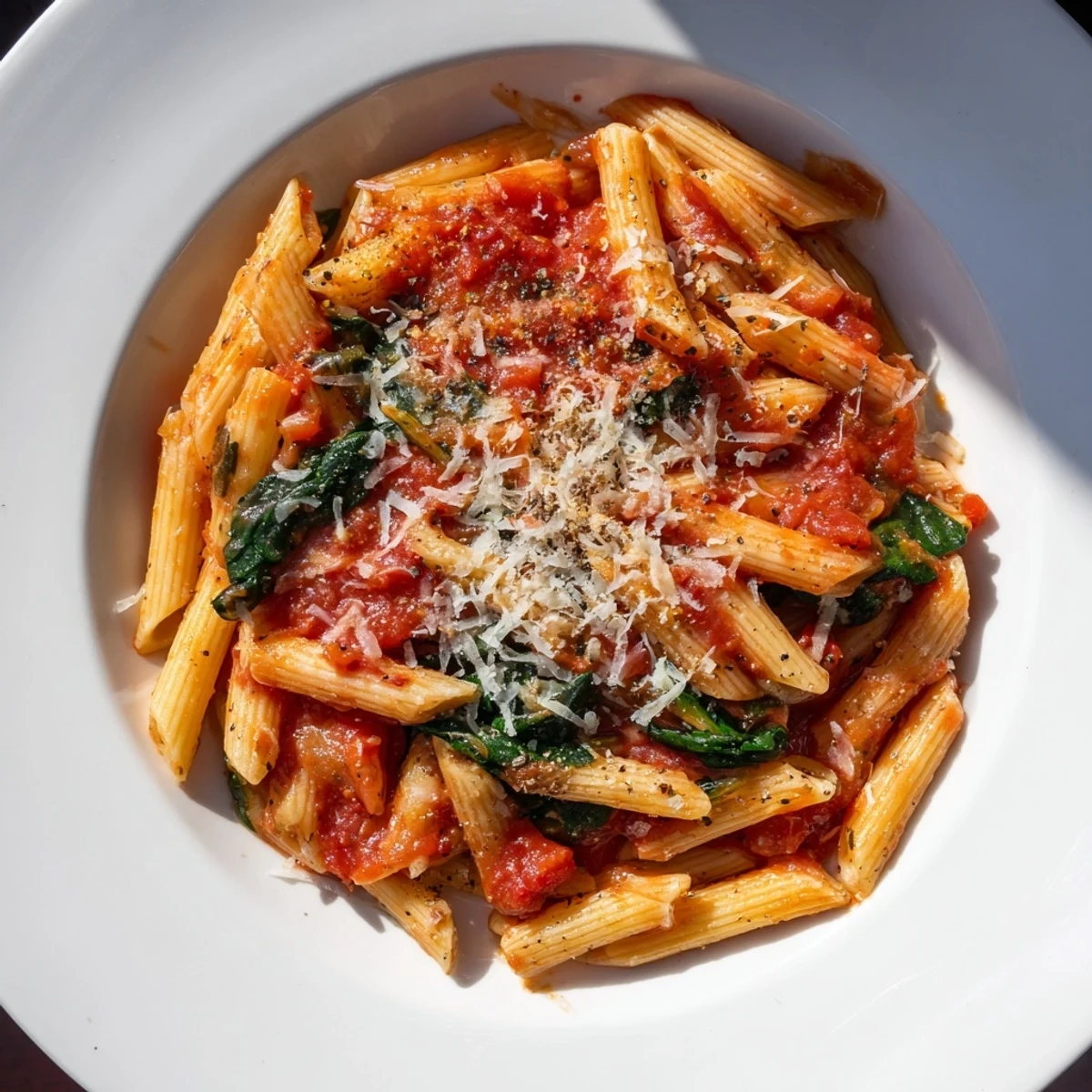 Delicious Quick Marinara Pasta with spinach, beautifully garnished with Parmesan, perfect for a quick dinner.