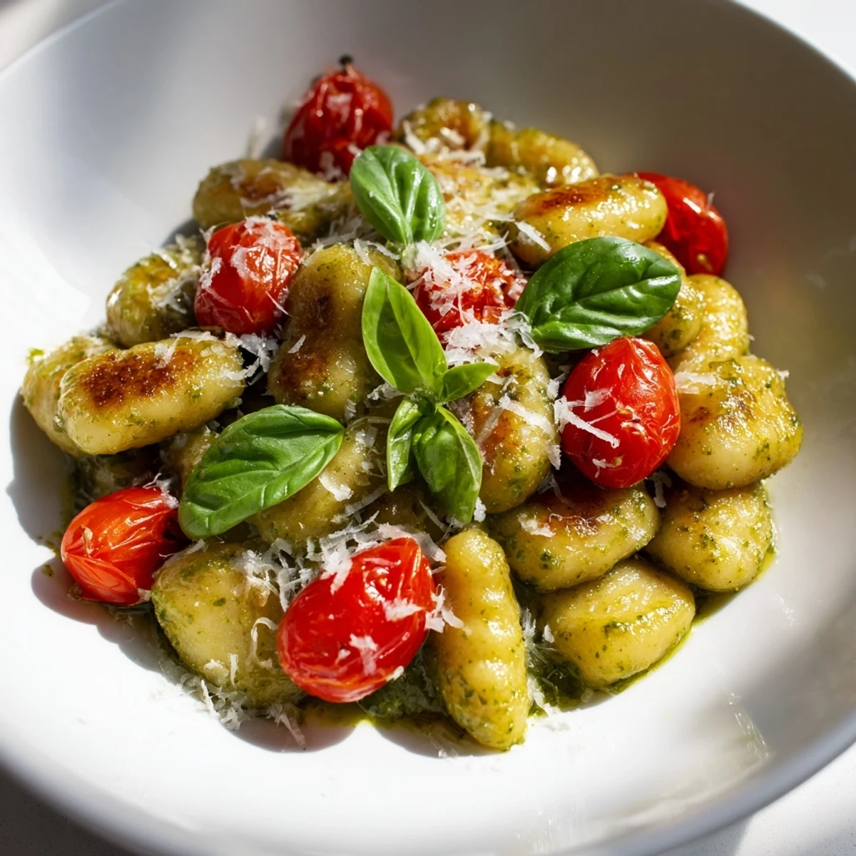 Golden crispy gnocchi with pesto, vibrant cherry tomatoes, and Parmesan promise a delicious Italian meal.