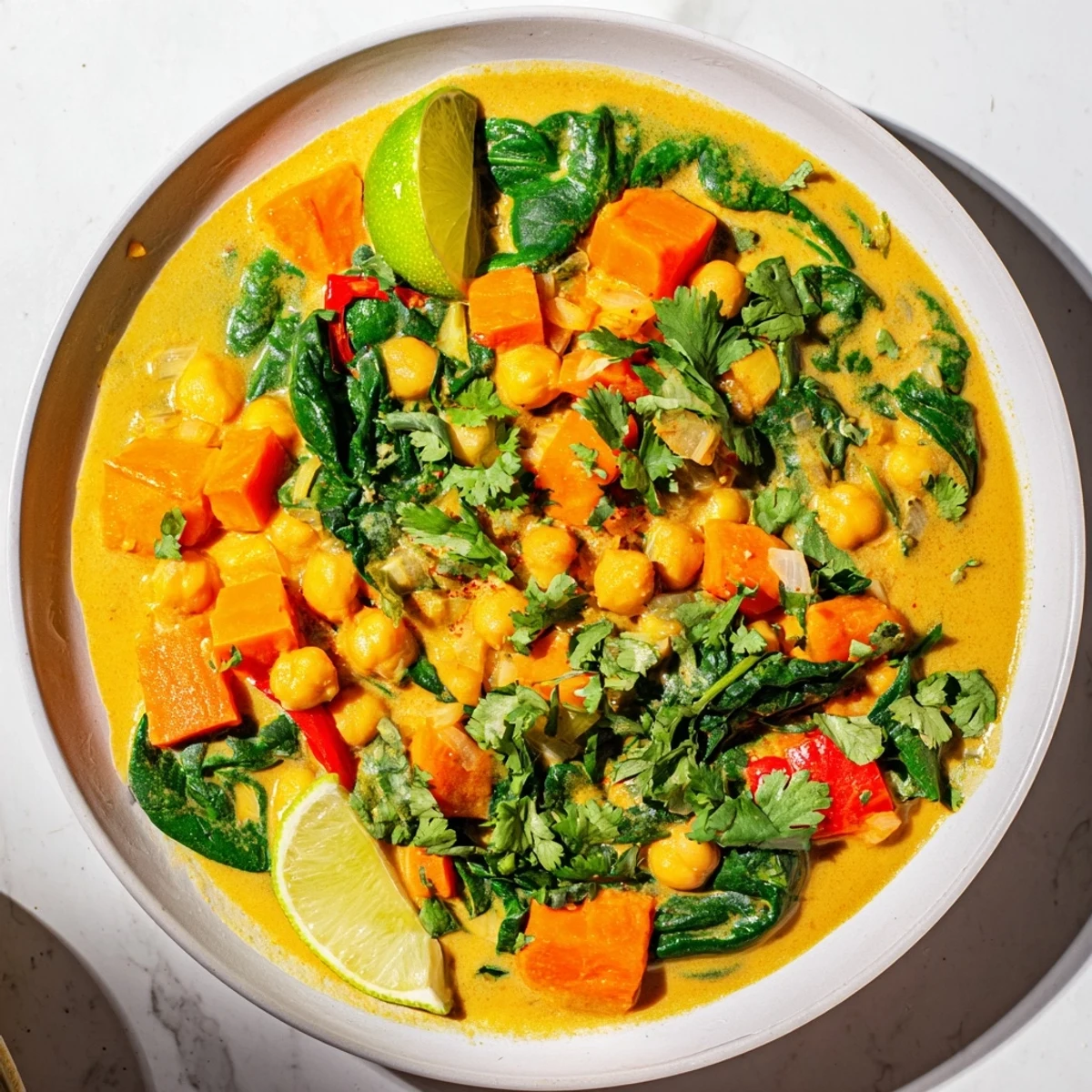 A close-up shot of a flavorful one-pot Chickpea Curry, perfect for a vegan-friendly meal.