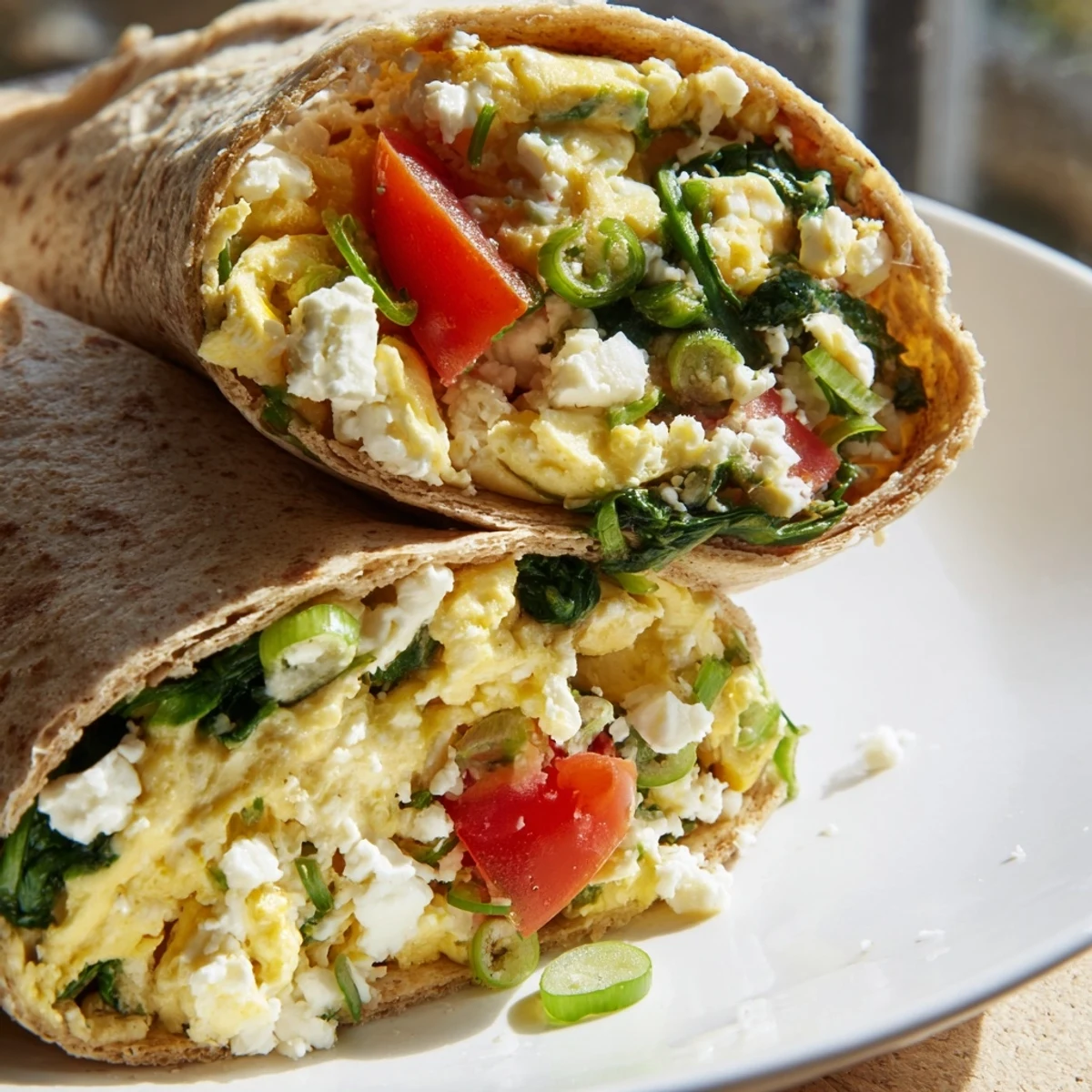 Fluffy Feta Egg Wrap filled with creamy feta, fresh spinach, and ripe tomatoes; a delicious breakfast.