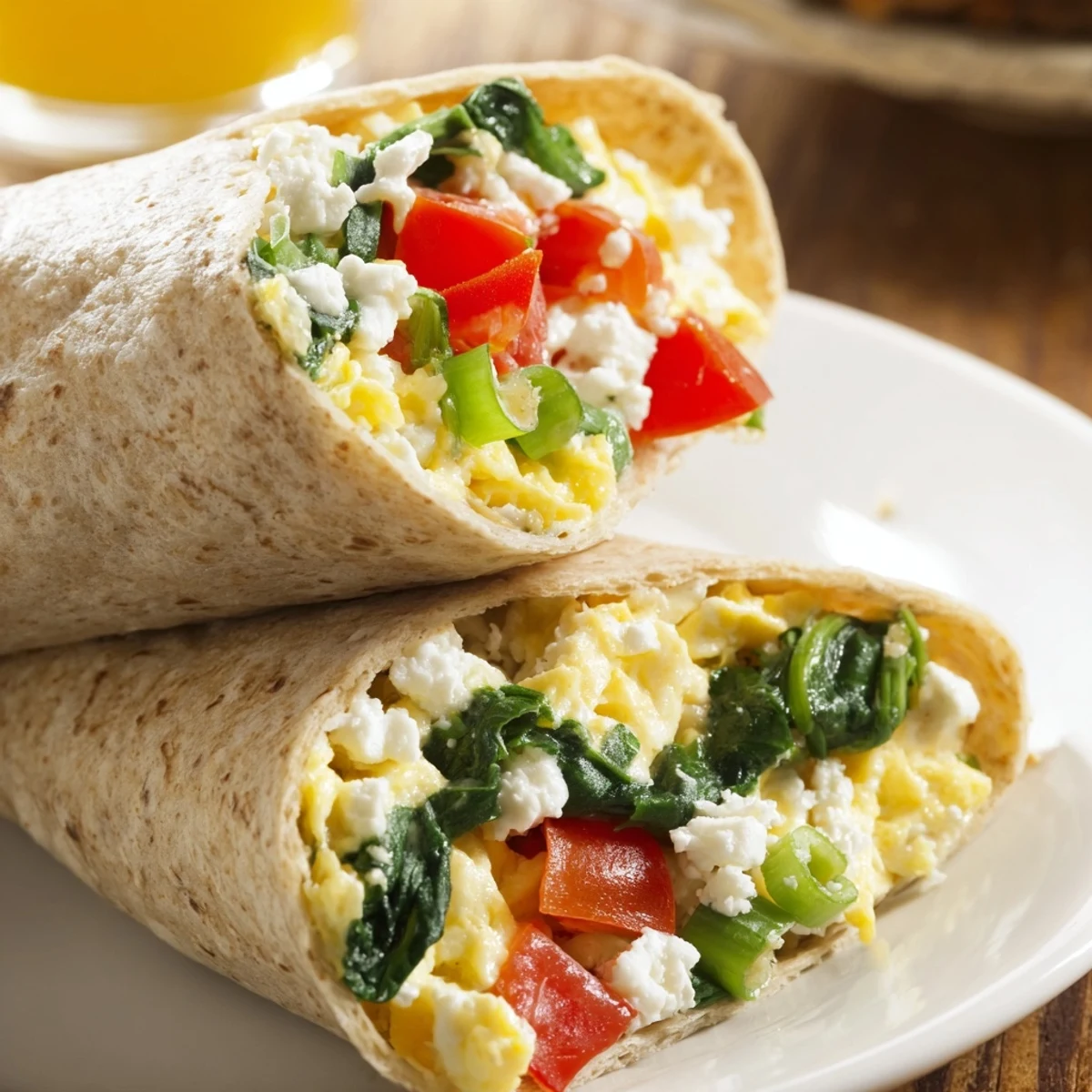 Golden-brown whole wheat Feta Egg Wrap, ready to eat, with a filling of creamy eggs and vegetables inside.