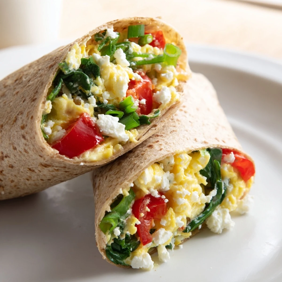 Savory breakfast: a Mediterranean-inspired Feta Egg Wrap sliced open, revealing the vibrant ingredients.