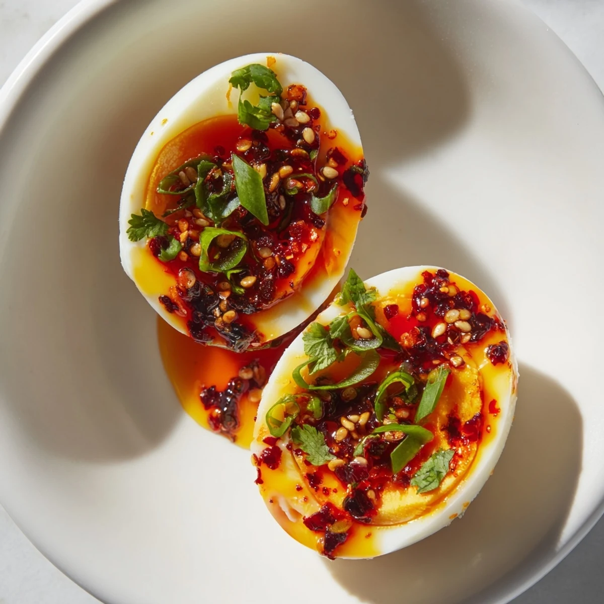 Vibrant photo of Chili Oil Eggs, the rich yolks glistening under a spicy, flavorful chili oil drizzle.
