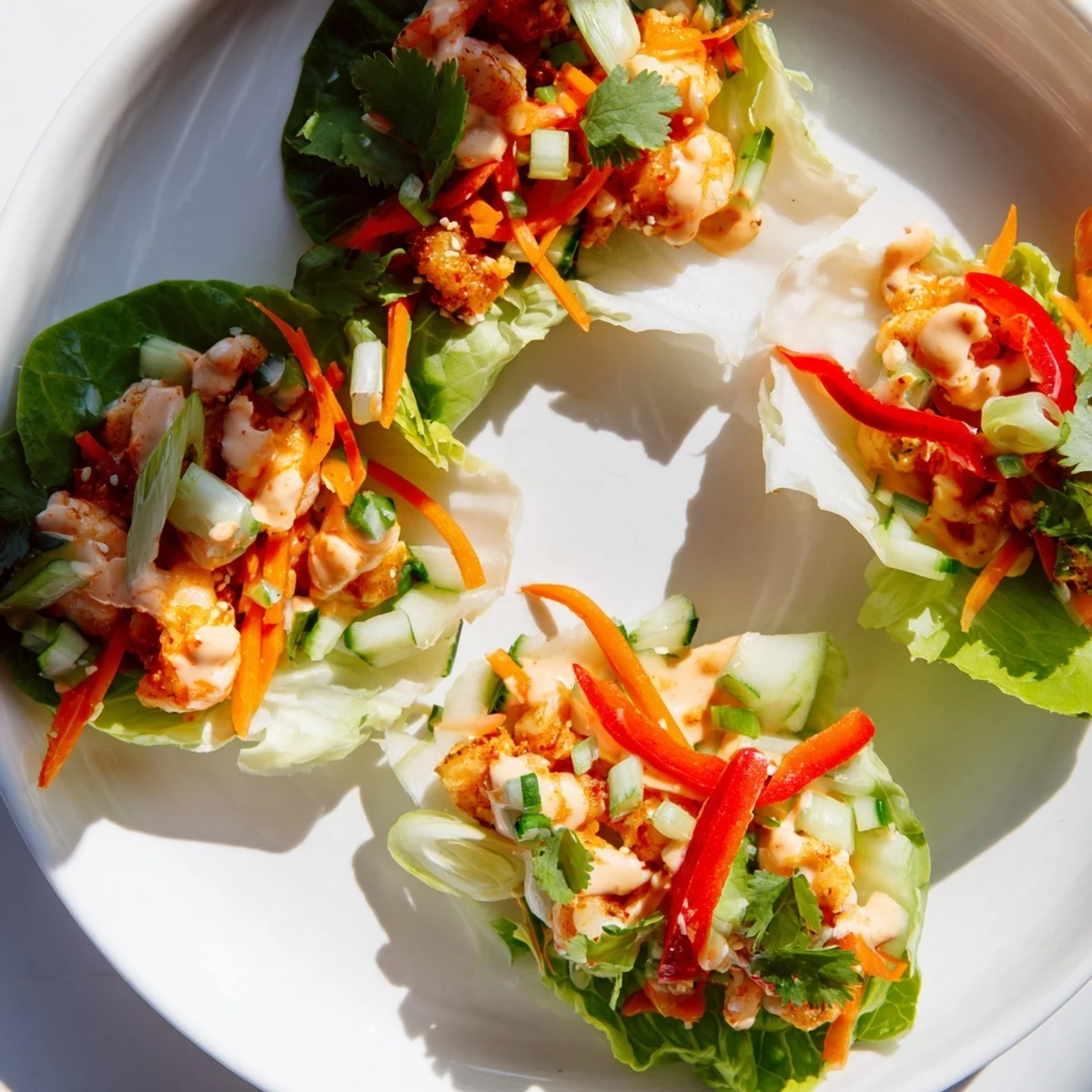 Fresh shrimp lettuce cups in crisp lettuce boats, topped with a creamy sauce and cilantro.