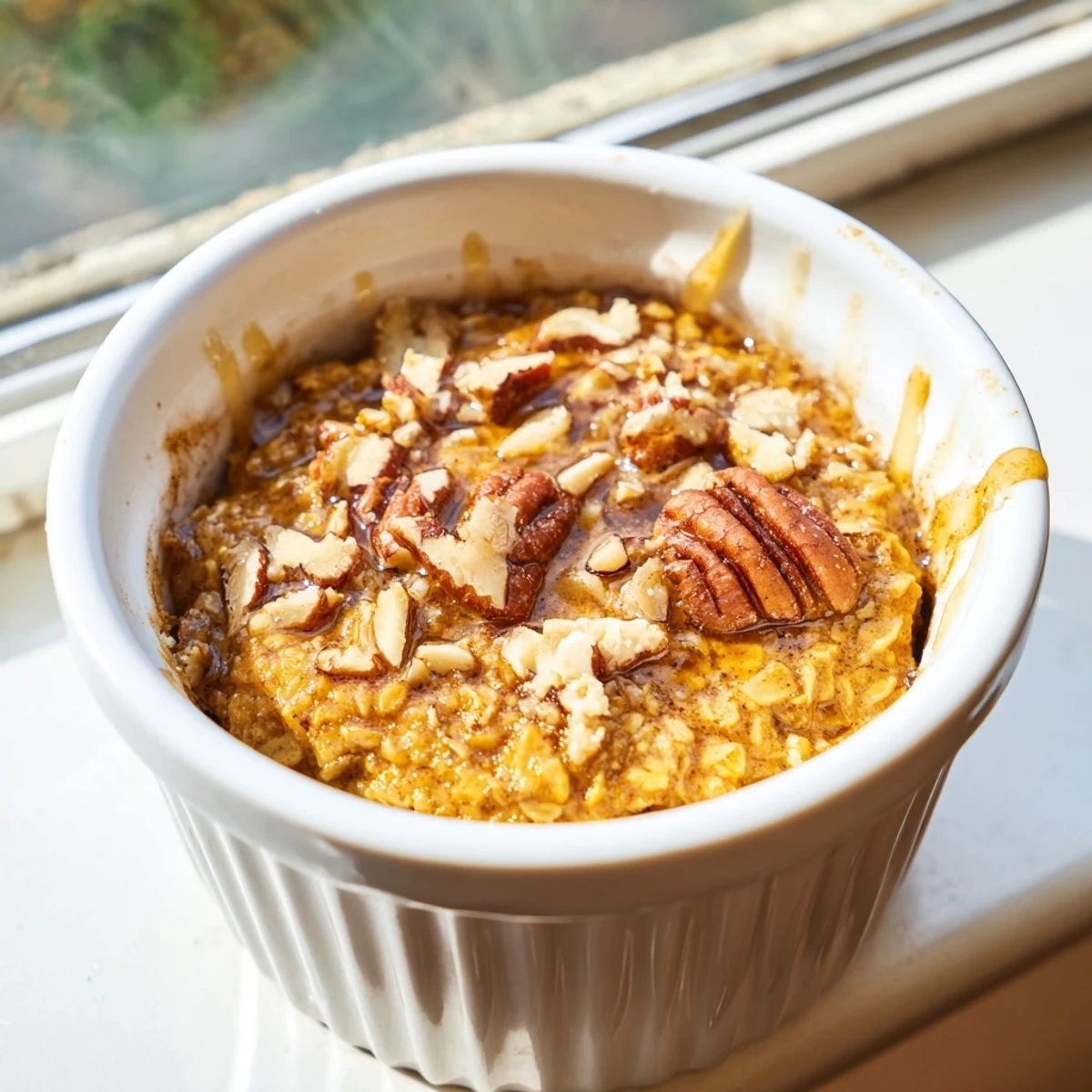 A close-up of baked Pumpkin Spice Oats, showing a soft, cake-like texture with cinnamon and spices.
