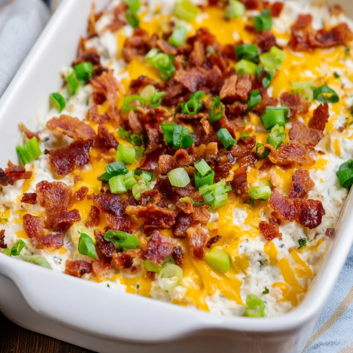 Warm, golden Cheesy Bacon Ranch Dip, bubbling in a dish and ready for dipping!