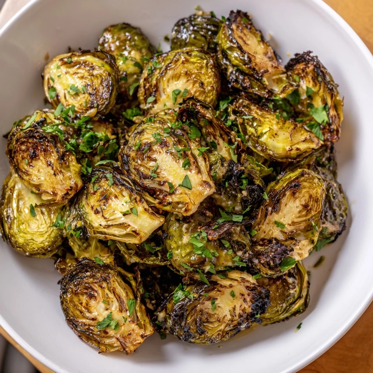 Close-up of roasted Honey Mustard Glazed Brussels Sprouts with the sweet glaze dripping.