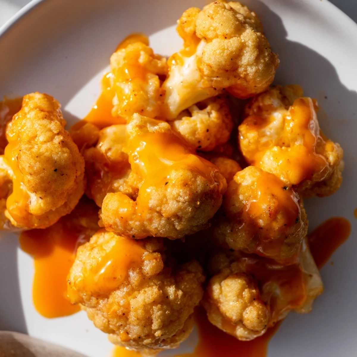 Golden, crispy Buffalo Cauliflower Bites, coated in spicy sauce, ready to serve with carrot sticks.