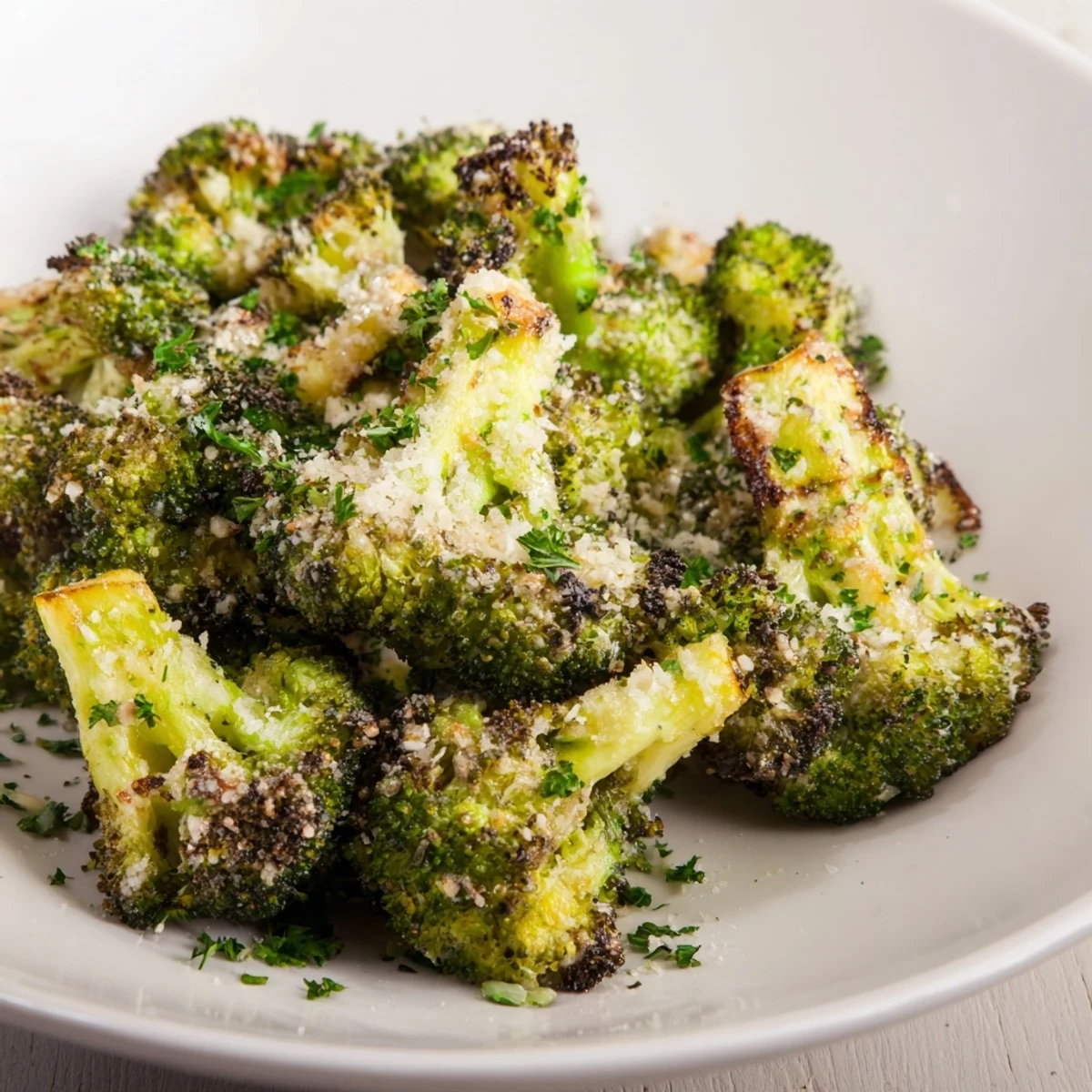 Golden, crispy Garlic Parmesan Roasted Broccoli, ready to serve as a flavorful side dish.