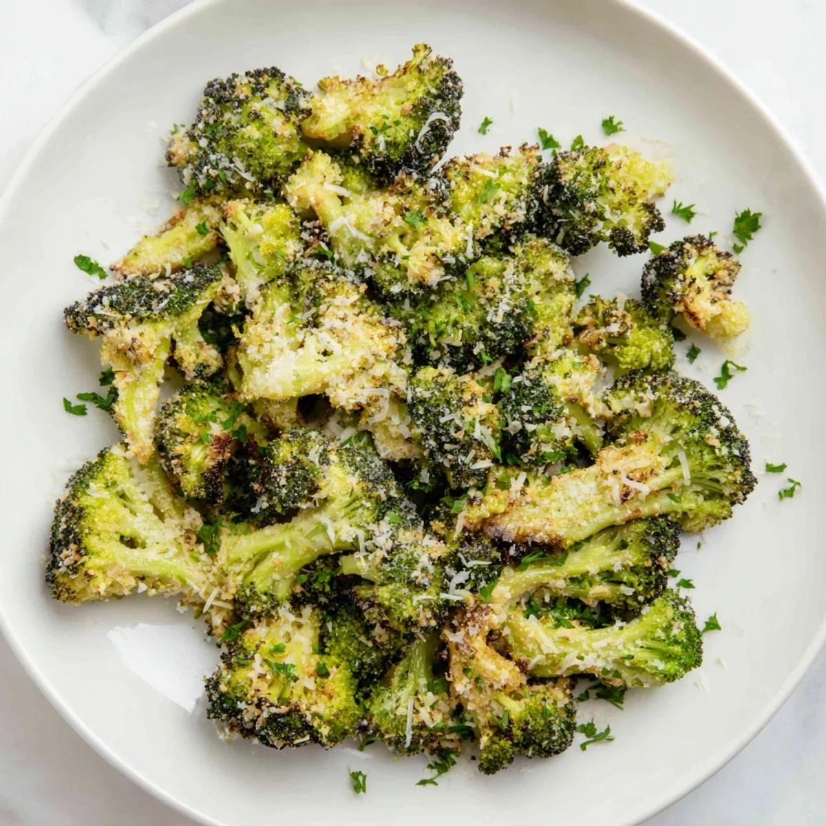 Close-up of savory Garlic Parmesan Roasted Broccoli, perfectly cooked and ready to eat.