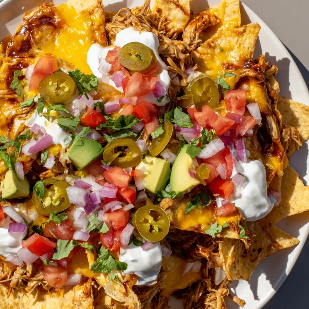 Golden, crispy Loaded Nachos with generous pulled pork, melted queso, spicy jalapeños, and fresh toppings.