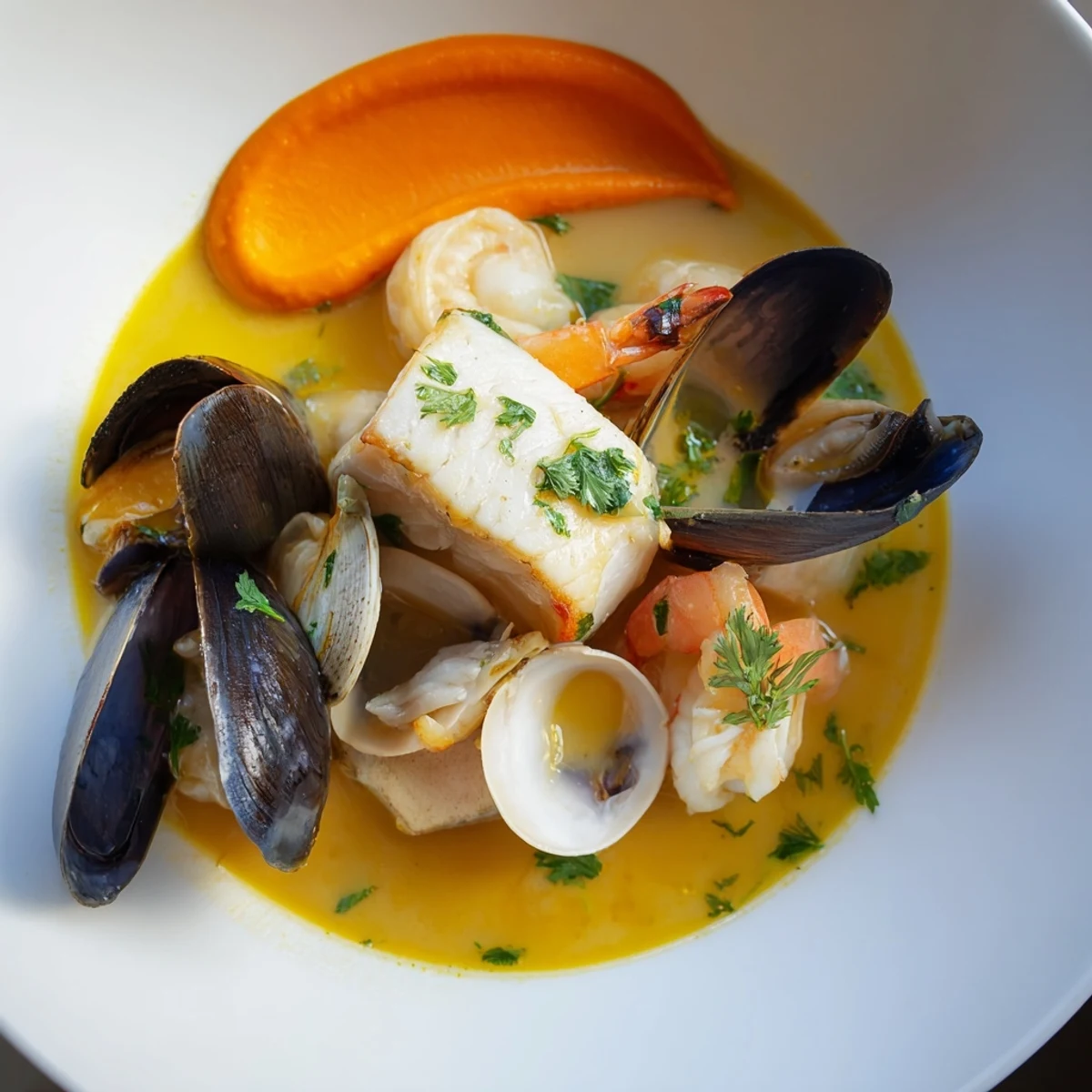 Steaming bouillabaisse, a flavorful Provençal fish stew with tender seafood and bright herbs, ready to serve.