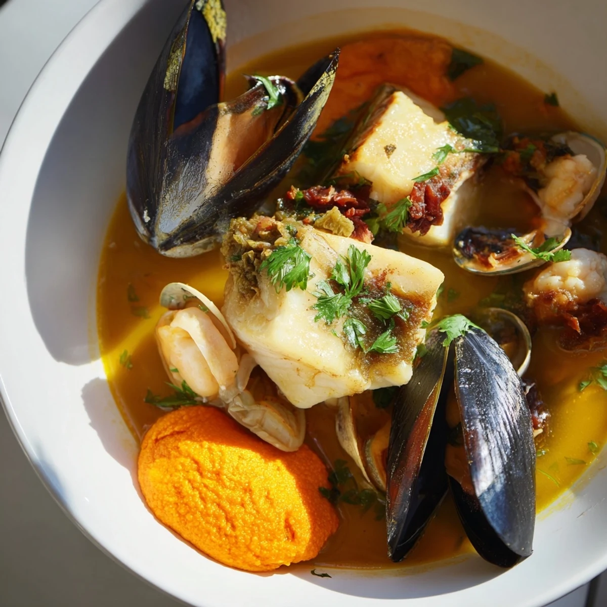 A vibrant bowl of bouillabaisse, showcasing the fresh fish stew's rich broth and perfectly cooked shellfish.