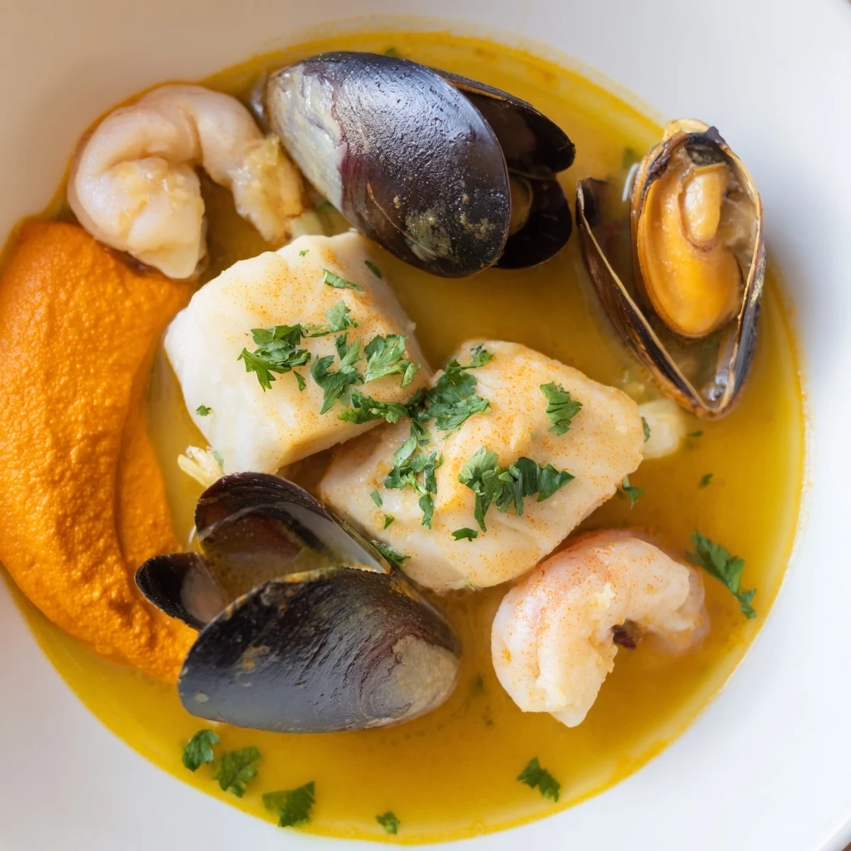 Close-up of a steaming bouillabaisse, offering a fragrant blend of fish, saffron, and rouille for pairing.