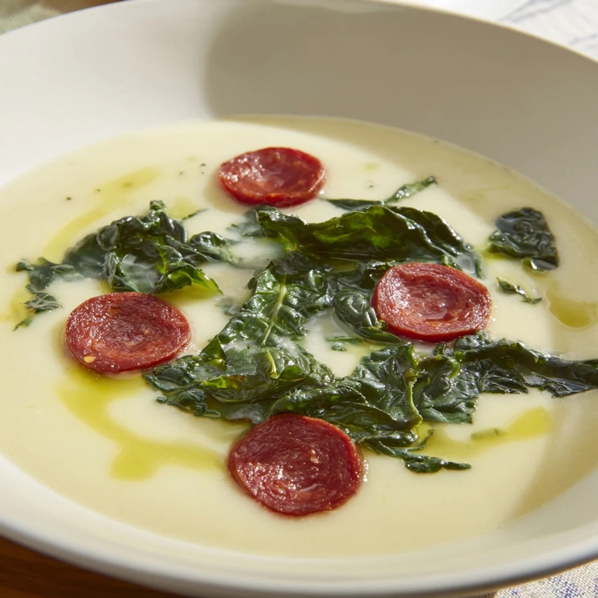 Close-up photo of creamy Portuguese Caldo Verde, showcasing tender kale and savory chorizo pieces.