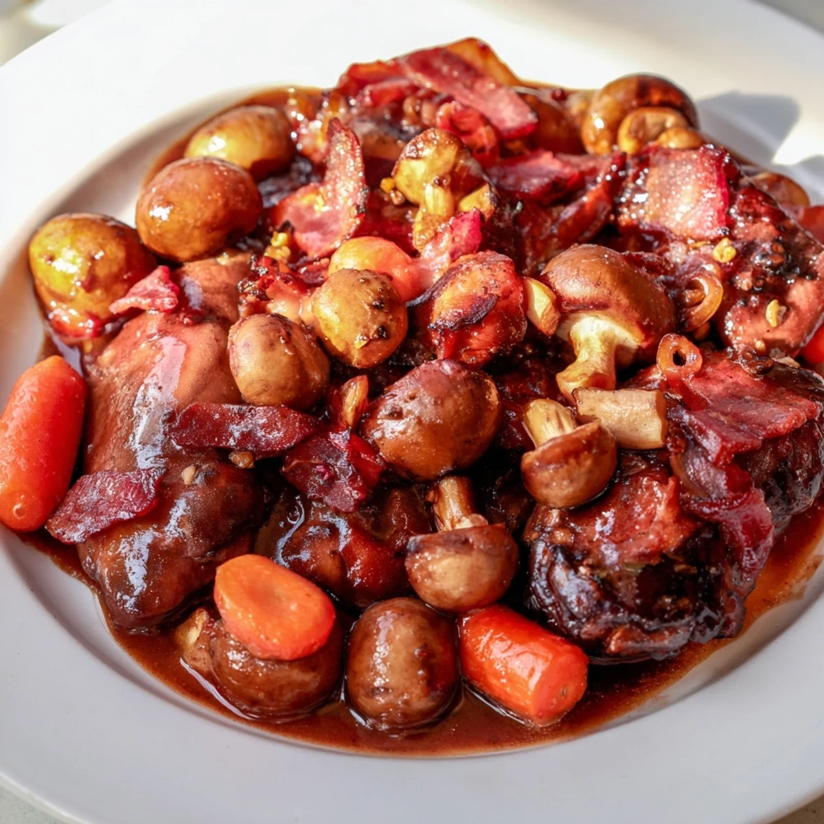 A close-up of Coq au Vin, showing tender chicken in a rich, red wine sauce.