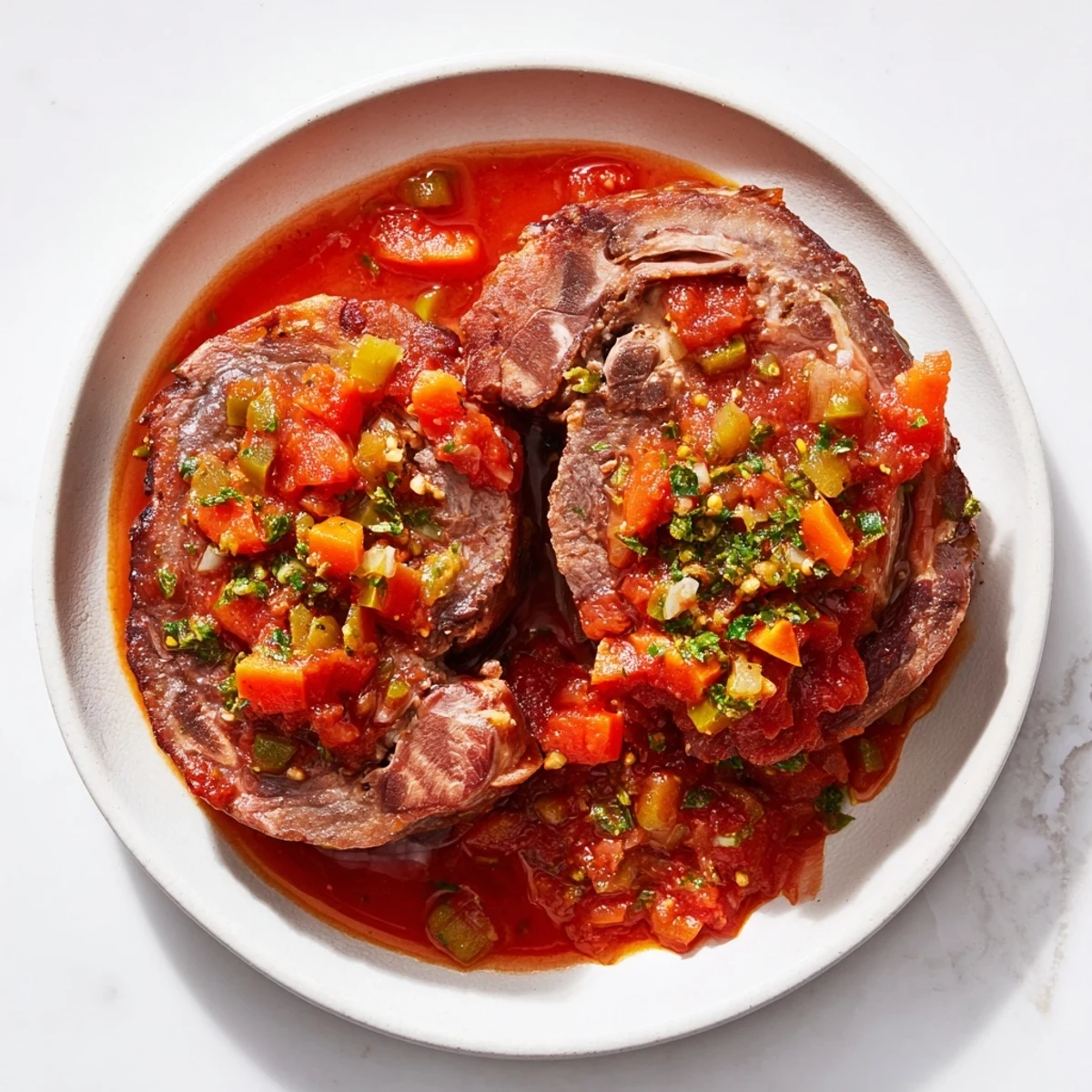 Steaming Osso Buco with meltingly tender veal shanks, a rich tomato sauce, and bright gremolata garnish.
